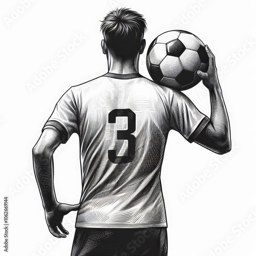 soccer player from behind, holding a soccer ball under one arm, sketch engraving. Black and white image.