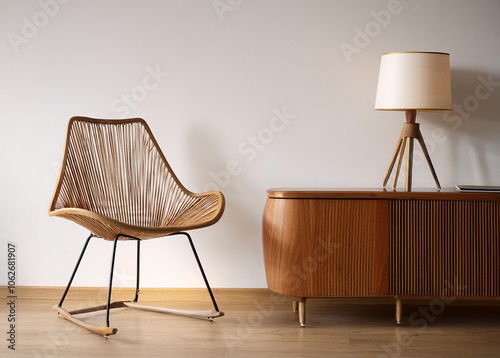 minimalist furniture vignette in a modern space with simple chair and sleek credenza sideboard and table lamp interior design inspiration