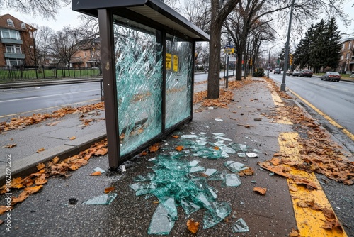 A bus stop with shattered glass, showing a scene of public vandalism and destruction in an otherwise calm neighborhood