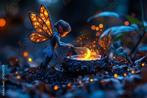 A fairy whisking nectar and stardust in a tiny bowl, with shimmering particles and vibrant colors blending in a whimsical scene