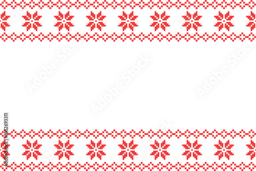 Pixel Christmas Pattern with Red Snowflake Icons on White Background,Nordic and Scandinavian Style,Ideal for Gift Wrapping,Sweaters,Fabric,Border,Banner and Digital Art Projects During the Holiday 