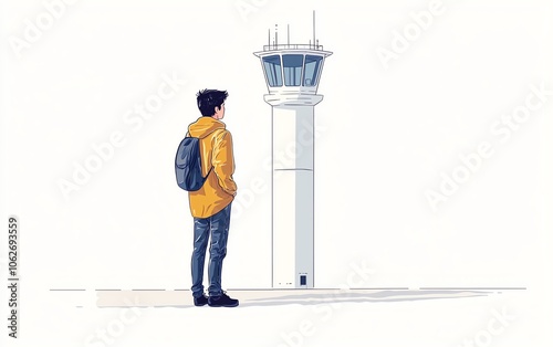 Person in yellow jacket standing near an airport control tower, white background