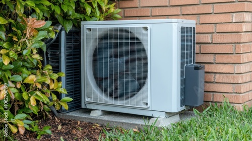 A white air conditioner unit is mounted outside a brick building. It has a large fan and a metal grate covering the unit. There is a bush in the foreground.