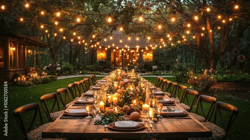 Elegant outdoor family dinner with fairy lights and candles, creating a warm atmosphere for a special celebration