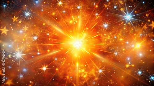 Cosmic explosion of colorful stars and gas in a bright orange background, cosmic radiation, astrophysics