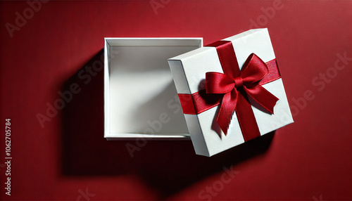 Elegant Open Gift Box with Red Ribbon on Red Background, Copy space in the box, Generative Ai