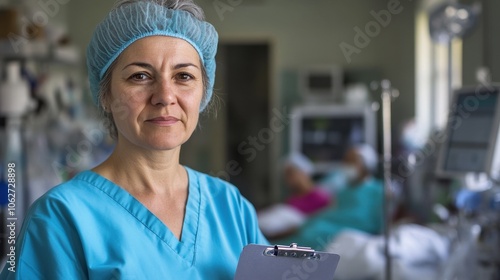 This portrait features a middle-aged Eastern European female nurse in scrubs, holding a clipboard in a hospital environment, showcasing professionalism and compassion.