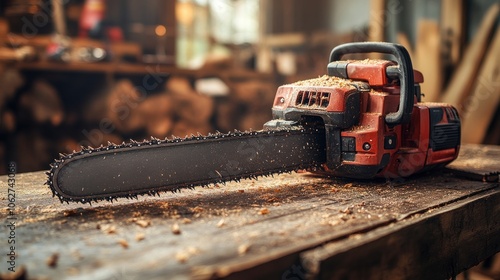 A close-up of a chainsaw on a wooden surface with sawdust.