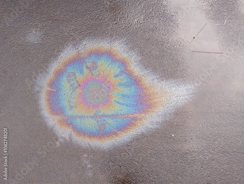 A wet road with spilled gasoline creates an abstract display, as iridescent colors of blue, purple, and green swirl across the dark asphalt.