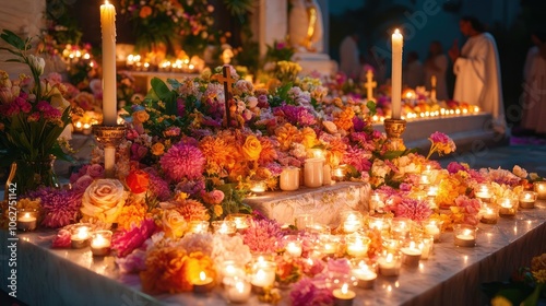 A tomb adorned with candles and flowers, mourners in grief attending a liturgy on All Souls' Day, honoring the legacy of their ancestors