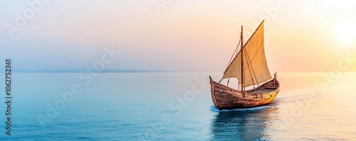 Sailing boat gliding over calm waters during sunset, serene and picturesque view.