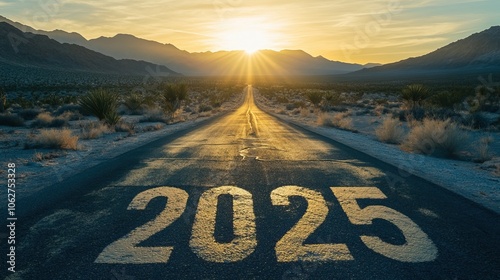 Desert highway stretching towards mountains with 2025 text painted on asphalt during golden sunset