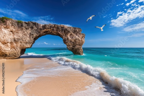 A natural rock archway on a beach with turquoise water and gentle waves lapping at the shore.