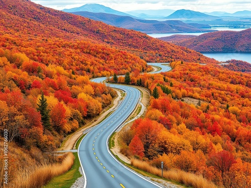 Scenic highway winding along the tranquil lake with vibrant autumn colors in Omsk region, destination, colors, winding