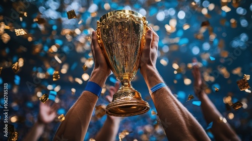 A golden trophy is held high in the air with confetti falling around it, celebrating victory.