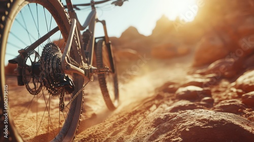 High-Resolution Trail Bike in Rugged Desert Terrain: Full-Suspension Mountain Bike with Hyperdetailed Mechanics, Red Rocks, and Long Afternoon Shadows on Dusty Trail.