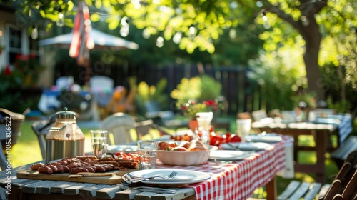 Backyard barbecue backdrop with tables set for July 4th feasting