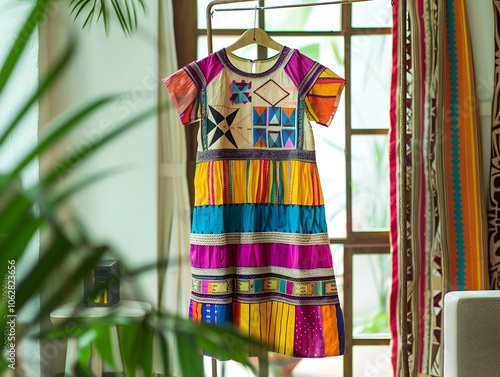 A colorful summer dress with geometric patterns, hanging on a metal rack in a bright and airy room. 40k, full ultra hd, high resolution