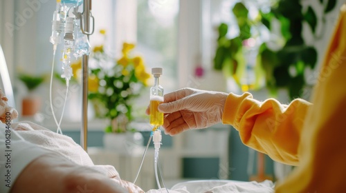 Caregiver administers iv fluids for postoperative patient hydration