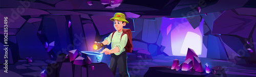 Man in underground mine cave cartoon background. Crystal treasure inside mountain tunnel. Amethyst gem rock explorer and miner in purple ancient dungeon. 2d indoor cavern land vector illustration