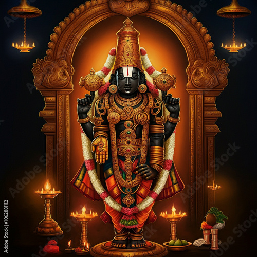 A divine depiction of Lord Venkateswara surrounded by a glowing temple ambience, symbolizing divine blessings, protection, and prosperity