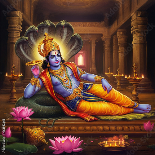 Sacred depiction of Lord Vishnu in a reclining position on Sheshanaga, representing his role as the preserver and protector in Hindu mythology