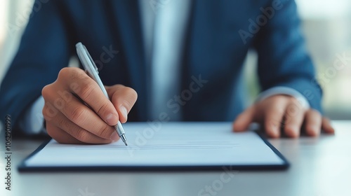 Closeup of contract signing during a successful business negotiation, document finalization, completion of negotiation