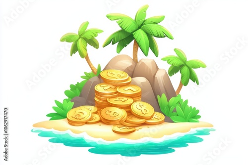 Treasure hoard on a tropical island with palm trees, symbolizing wealth and adventure in a vibrant illustration.