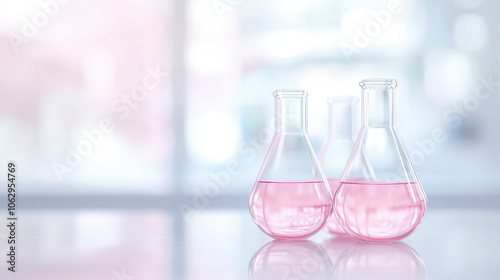 Close up of laboratory flasks with pink liquid on table, showcasing vibrant colors and scientific exploration. scene evokes curiosity and innovation