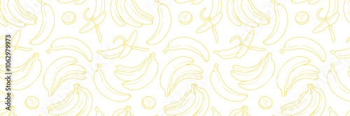 Banana line art vector repeat pattern banner, seamless repeating horizontal background or cover design, white and yellow wallpaper