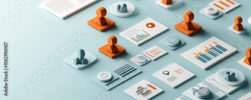 HR data analysis with employee icons and statistical graphs, organized personnel metrics, 3D illustration