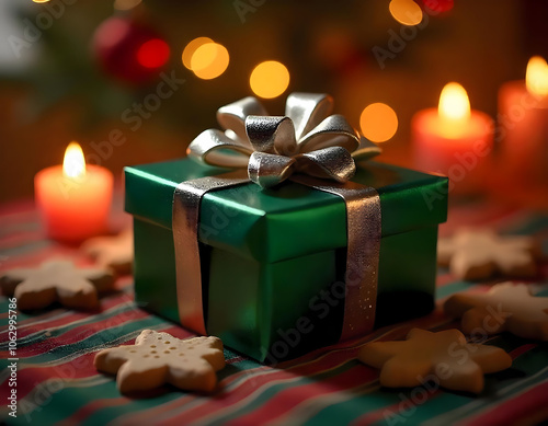 Regalo de navidad elegante envuelto en papel verde con un lazo plateado encima de un mantel con galletas y velas