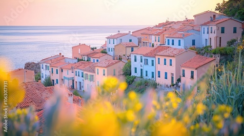 Charming coastal village with colorful houses and blooming flowers in the foreground.