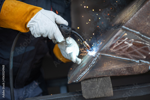 Welder joining metal using mig mag technique in workshop