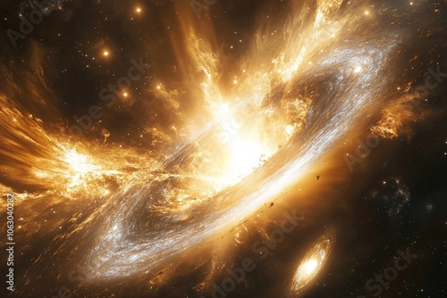 This image captures a pair of fiery spiral galaxies caught in a magnificent cosmic dance, showcasing the breathtaking beauty and creation of the universe.