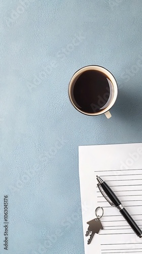 A minimalist setup of a mortgage approval document with a pen and keychain in the shape of a house, leaving ample copy space for text.