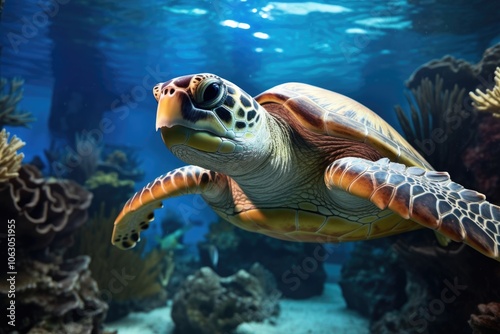 Sea turtle swimming underwater surrounded by coral and marine life. Nature and wildlife photography capturing oceanic beauty.