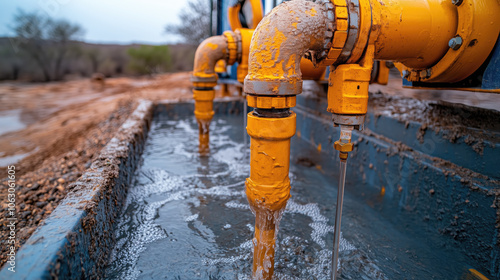 Industrial Water Pipes with Flowing Liquid in Rural Landscape. Key focus on water flow and utility infrastructure.