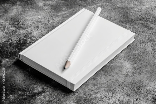 A white covered book sits closed on a gray textured floor with a white pencil, highlighting minimal elegance and the potential of unwritten ideas.