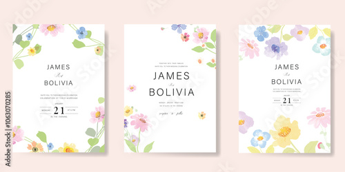 Elegant wedding invitation card background vector. Minimal hand painted watercolor botanical flowers texture template background. Design illustration for wedding, vip cover, poster, rsvp modern card.