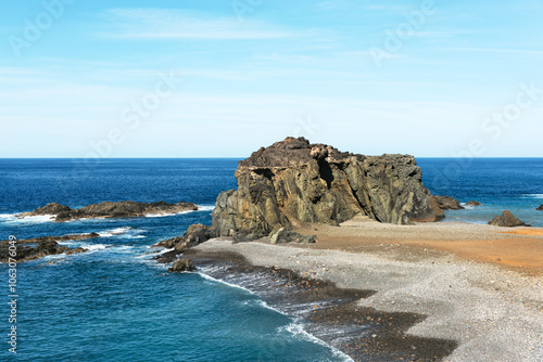 Beautiful Rocky coast landscape of Pena Horadada rock arch arco near Ajuy village Betancuria. Fuerteventura, Canary Islands, Spain