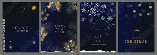 Luxury Happy Holidays invitation card design vector. Elegant Happy New Year card with leaves branch, gold foil texture on navy blue background. Design for Season's Greeting, christmas, cover, poster.