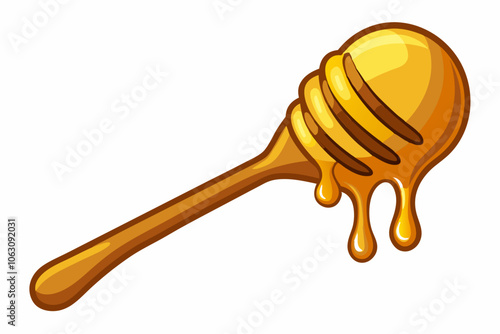 Honey dripping Illustration from wooden honey dipper on white background