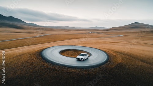 Car Driving in Circular Desert Road 