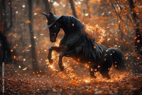 A mythical dark horse adorned with a witch's hat rears in a fiery circlet amidst a forest, capturing the mystical, magical essence of enchantment and fiery autumn glow.