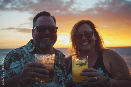 A cheerful pair basking in the joy of a sunset with refreshing drinks, symbolizing celebration and companionship against a breathtaking ocean backdrop.