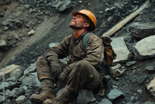 A modern miner in work attire and a helmet takes a moment of rest on grey rocky terrain, conveying both exhaustion and resilience after a laborious day.