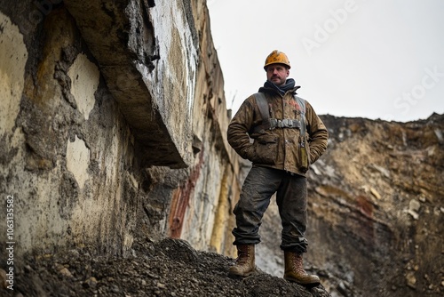 A confident miner stands with determination in a vast quarry, surrounded by rocky walls, conveying strength and resilience in the face of challenging work.