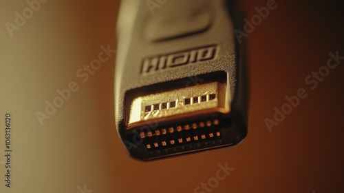 A close-up shot of the HDMI connector, capturing the details and gold plating, with the cable body softly blurred behind.