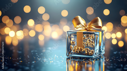 A noble gift made of solid glass with blurred gold bokeh lights. Christmas or birthday corporate gift.